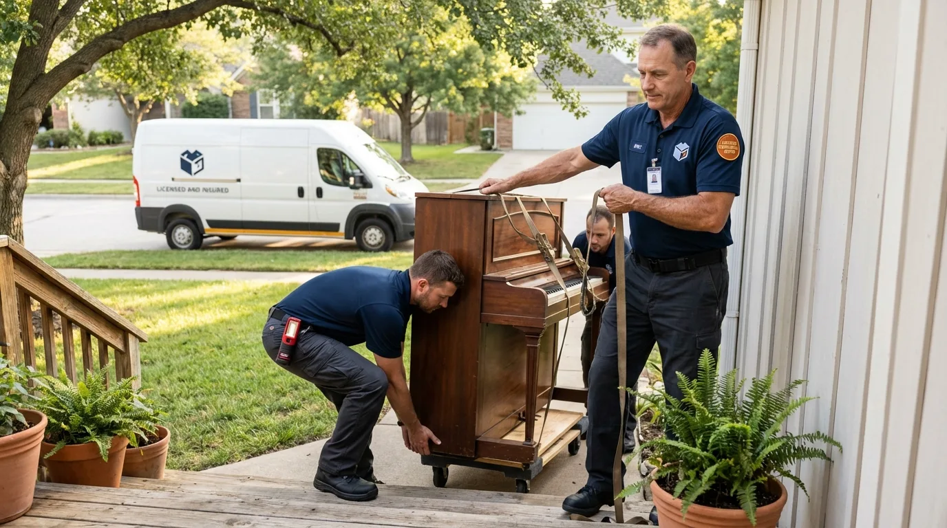 Licensed piano movers securing grand piano in Clark, NJ