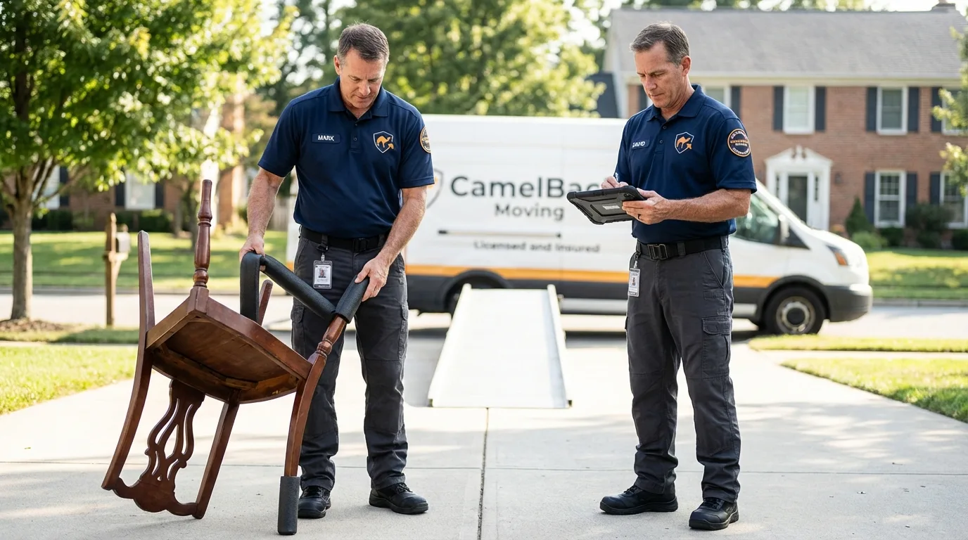 Movers inspecting furniture for damage prevention before loading in Clark, NJ