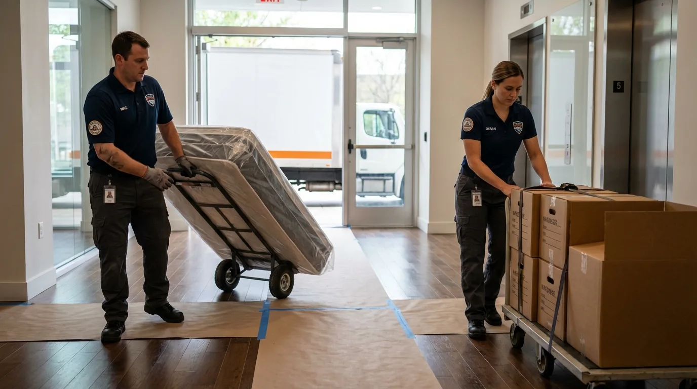 Professional apartment movers loading elevator in Clark, NJ
